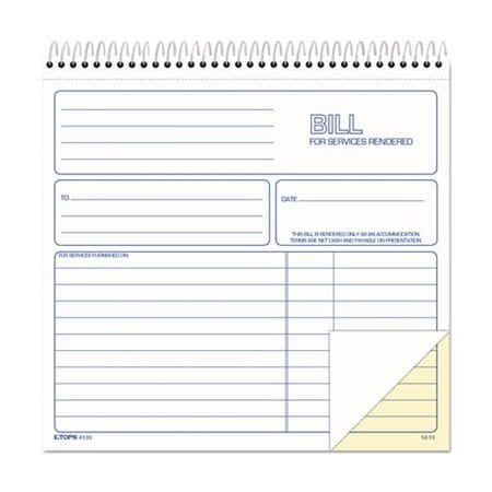 Tops Products TOPS, Spiralbound Service Invoices, 8 1/2 X 7-3/4, Two-Part Carbonless, 50PK 4133